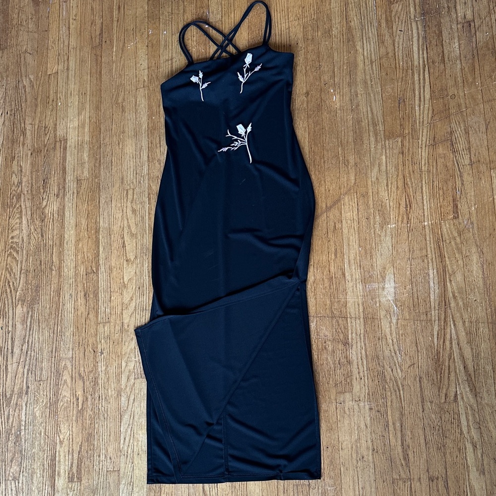 Black Strappy Maxi Dress with Light Pink Floral Embroidery